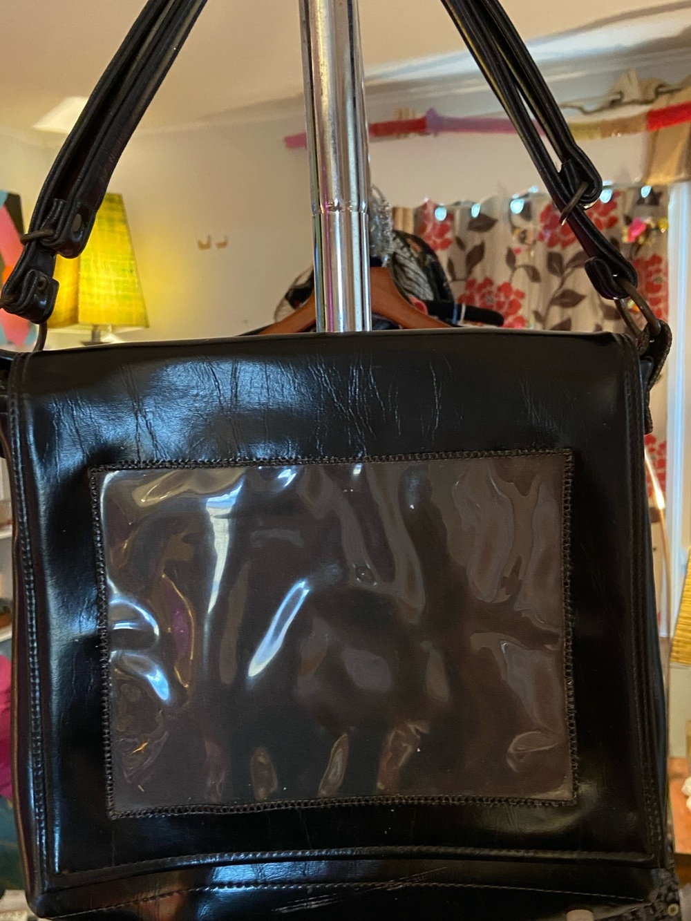Black and Clear Vinyl Pocket Shoulder Bag - Women